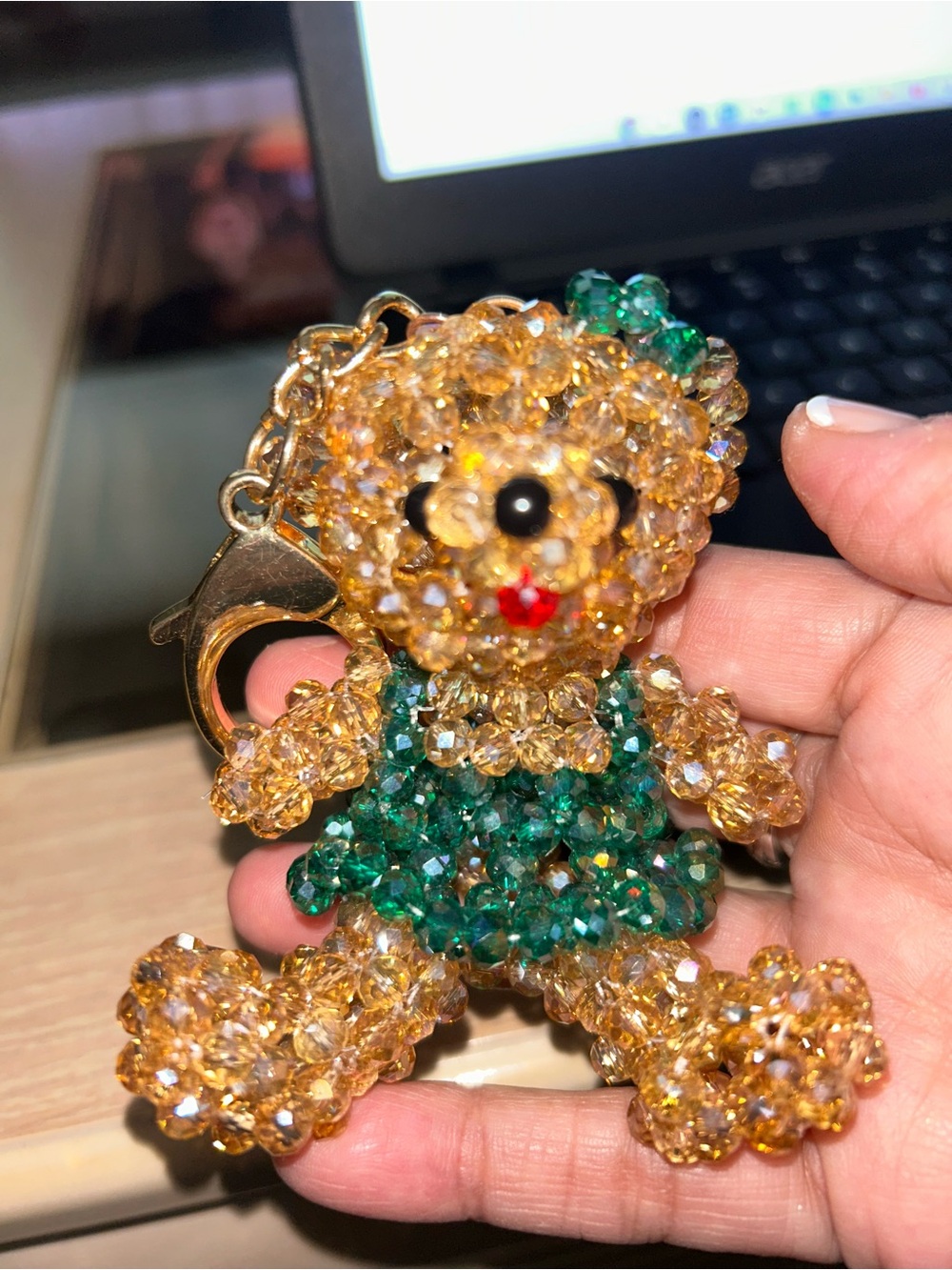 Sparkling Gold & Green Teddy Bear Charm Keychain for Kids